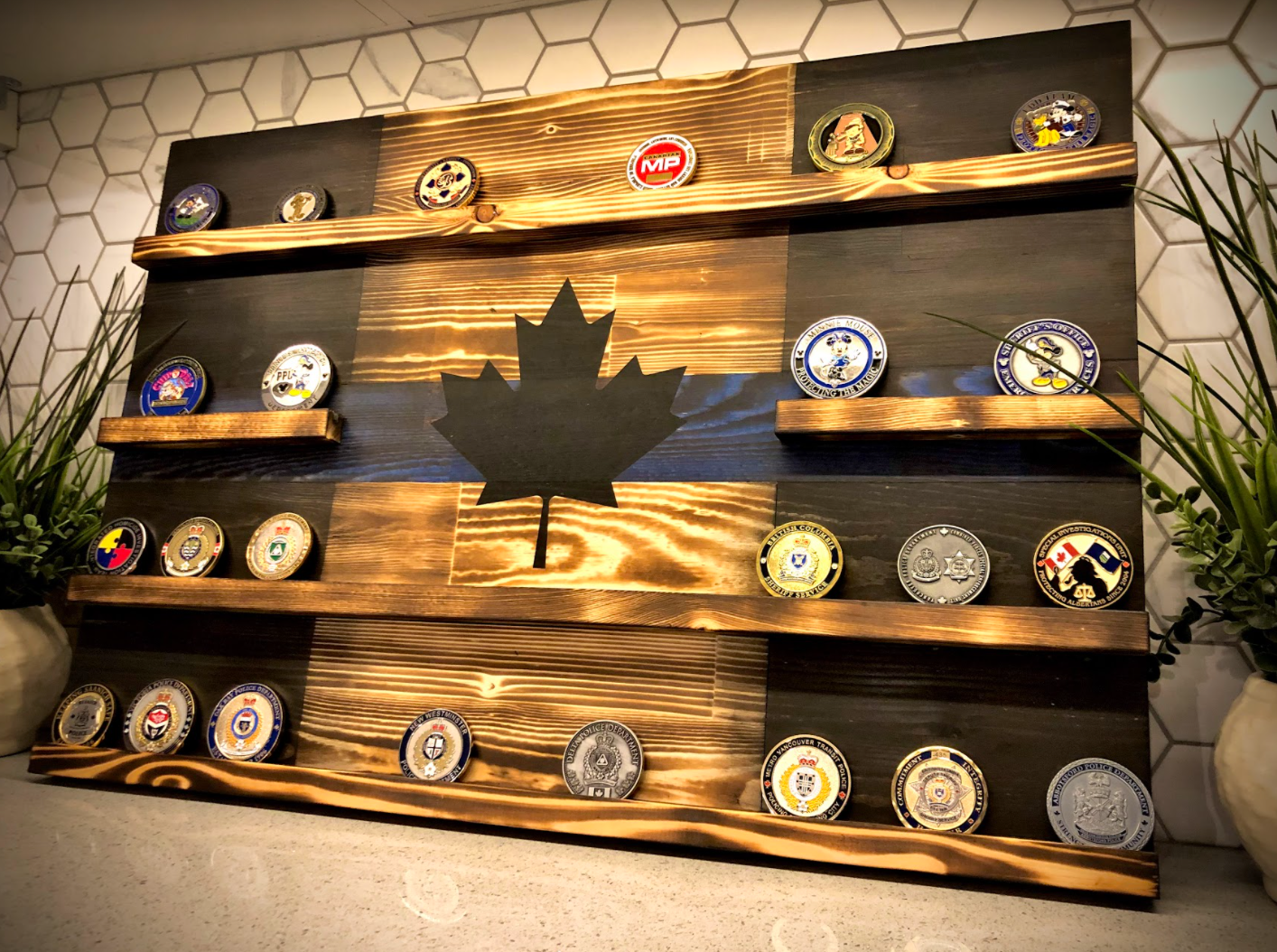 Rustic Thin Blue Line Challenge Coin Display image 0