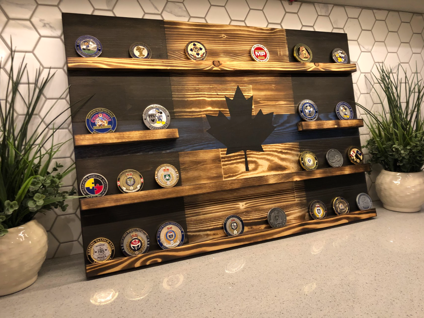 Rustic Thin Blue Line Challenge Coin Display image 2