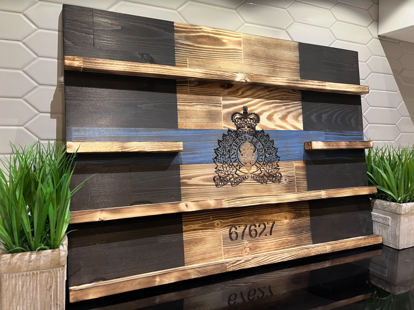 Rustic Thin Blue Line Challenge Coin Display image 1