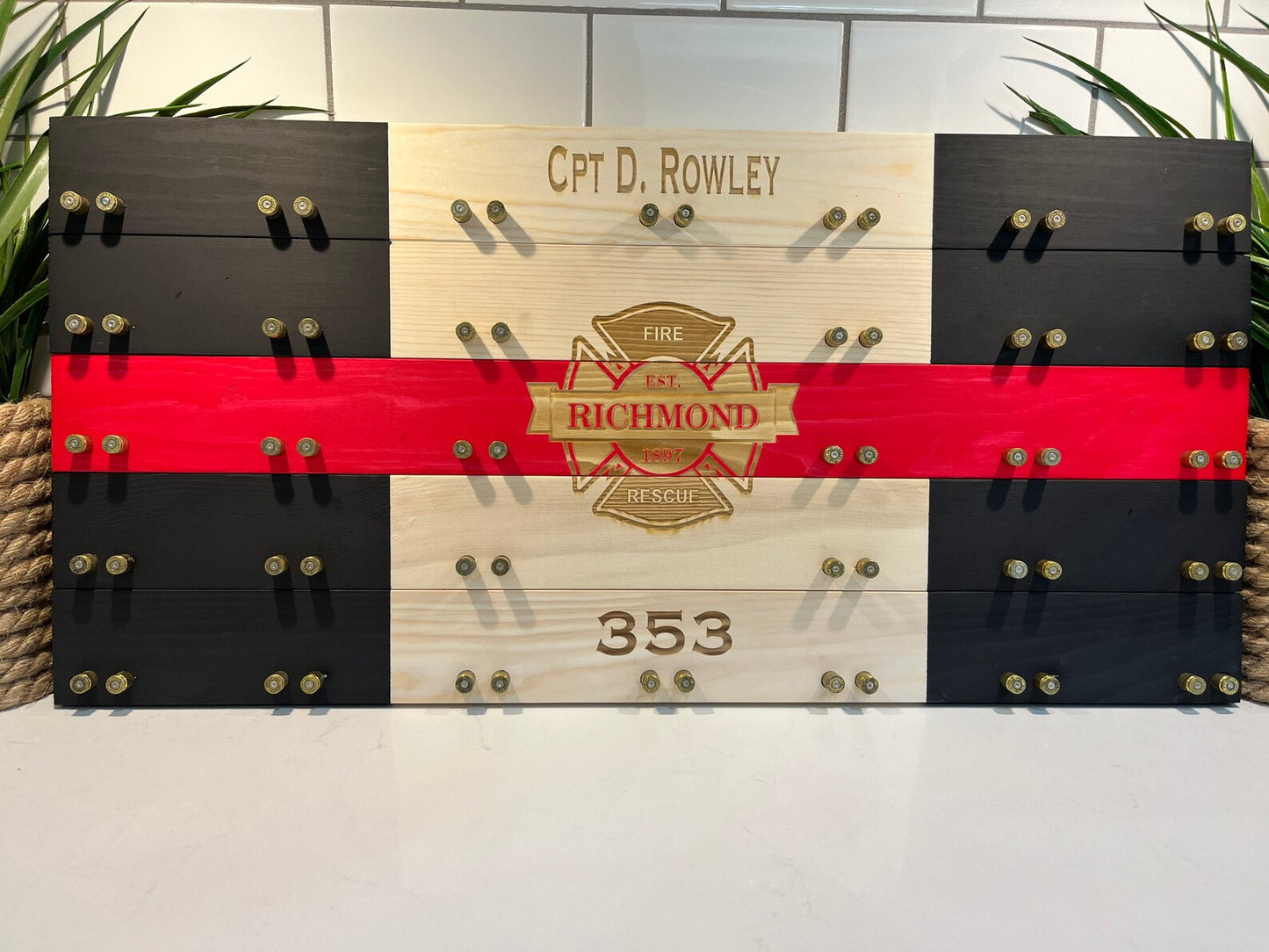 Thin Red Line Challenge Coin Display | Poplar & Bullet Casing Holder