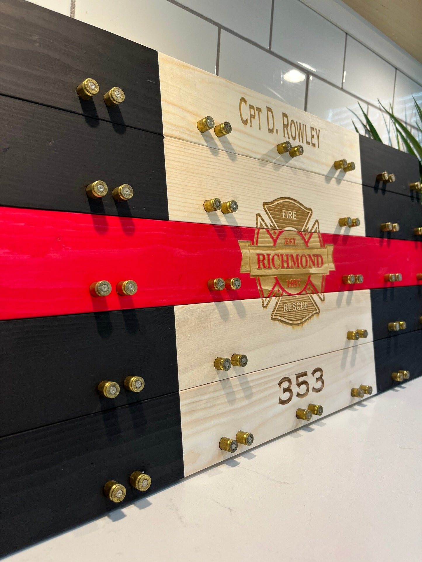 Thin Red Line Challenge Coin Display | Poplar & Bullet Casing Holder