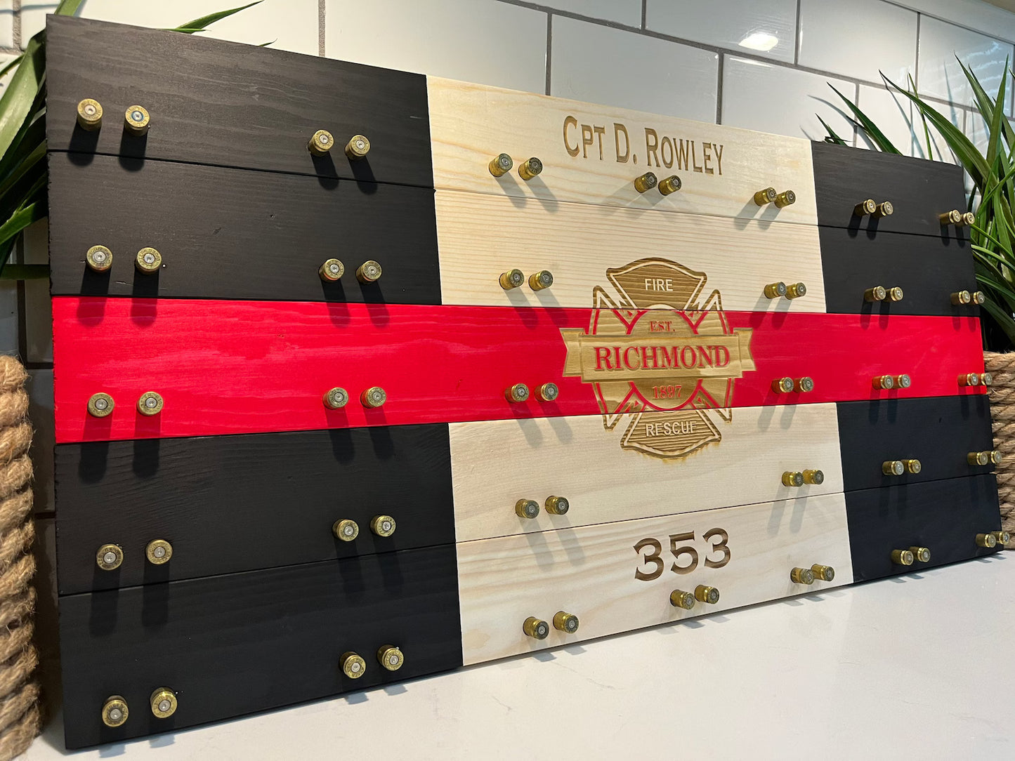 Thin Red Line Challenge Coin Display | Poplar & Bullet Casing Holder