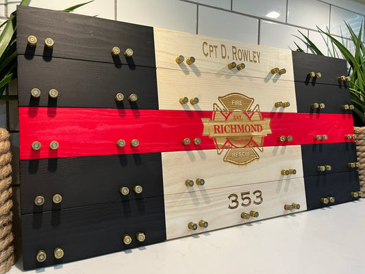 Thin Red Line Challenge Coin Display | Poplar & Bullet Casing Holder